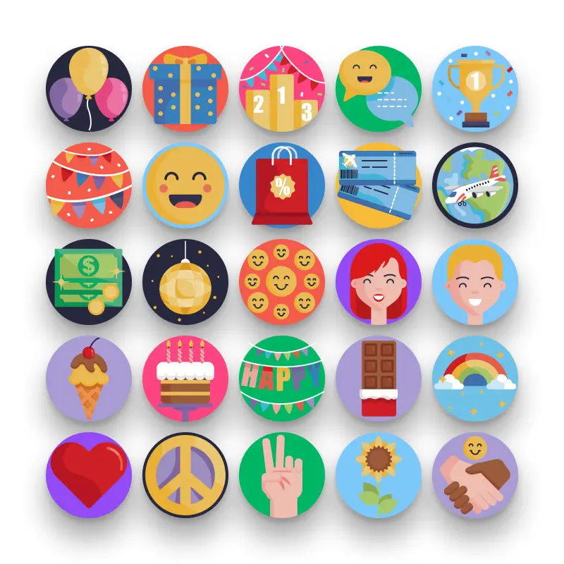 50 Happiness Icons – set of colorful flat circle icons