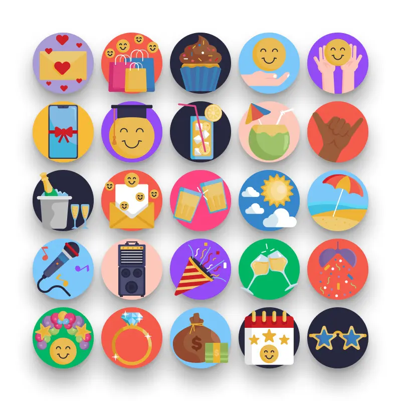 50 Happiness Icons – set of colorful flat circle icons
