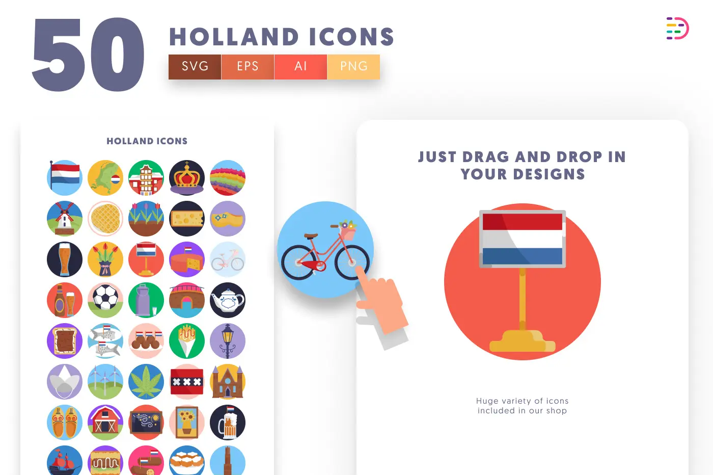 50 Holland Icons preview 1 – flat circle icons in PNG, SVG and EPS