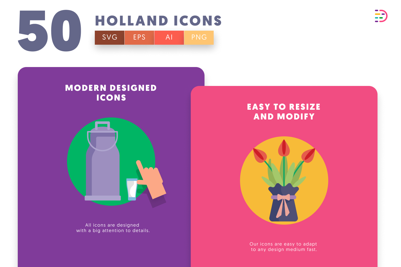 50 Holland Icons cover – flat circle icons in PNG, SVG and EPS
