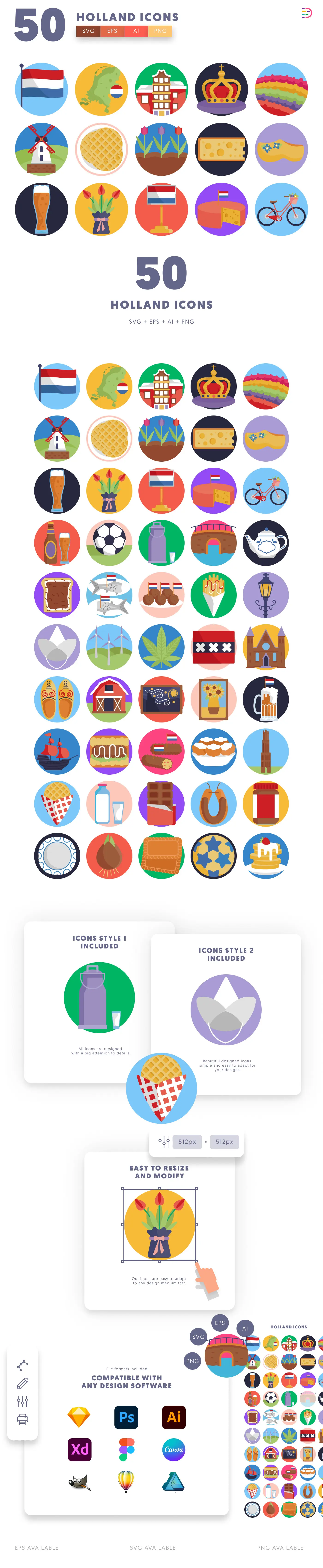 50 Holland Icons cover – flat circle icons in PNG, SVG and EPS