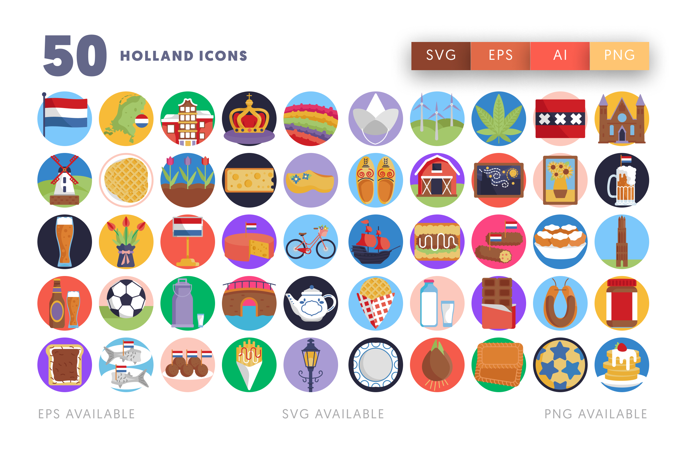 50 Holland Icons – flat circle icon set