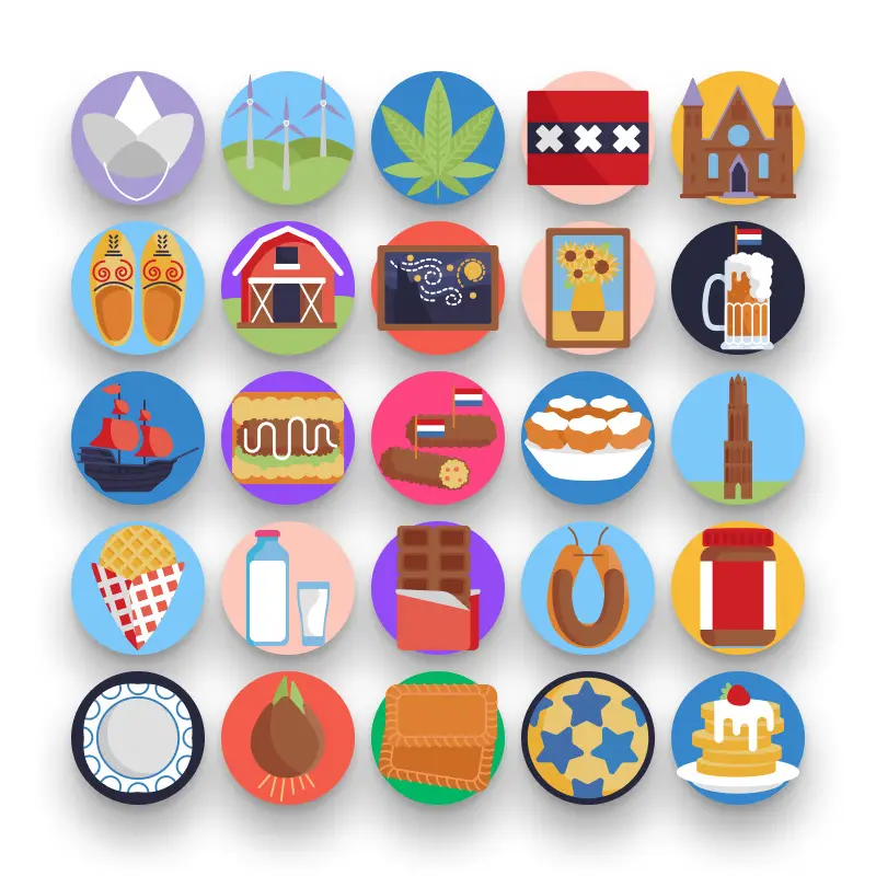 50 Holland Icons – set of colorful flat circle icons