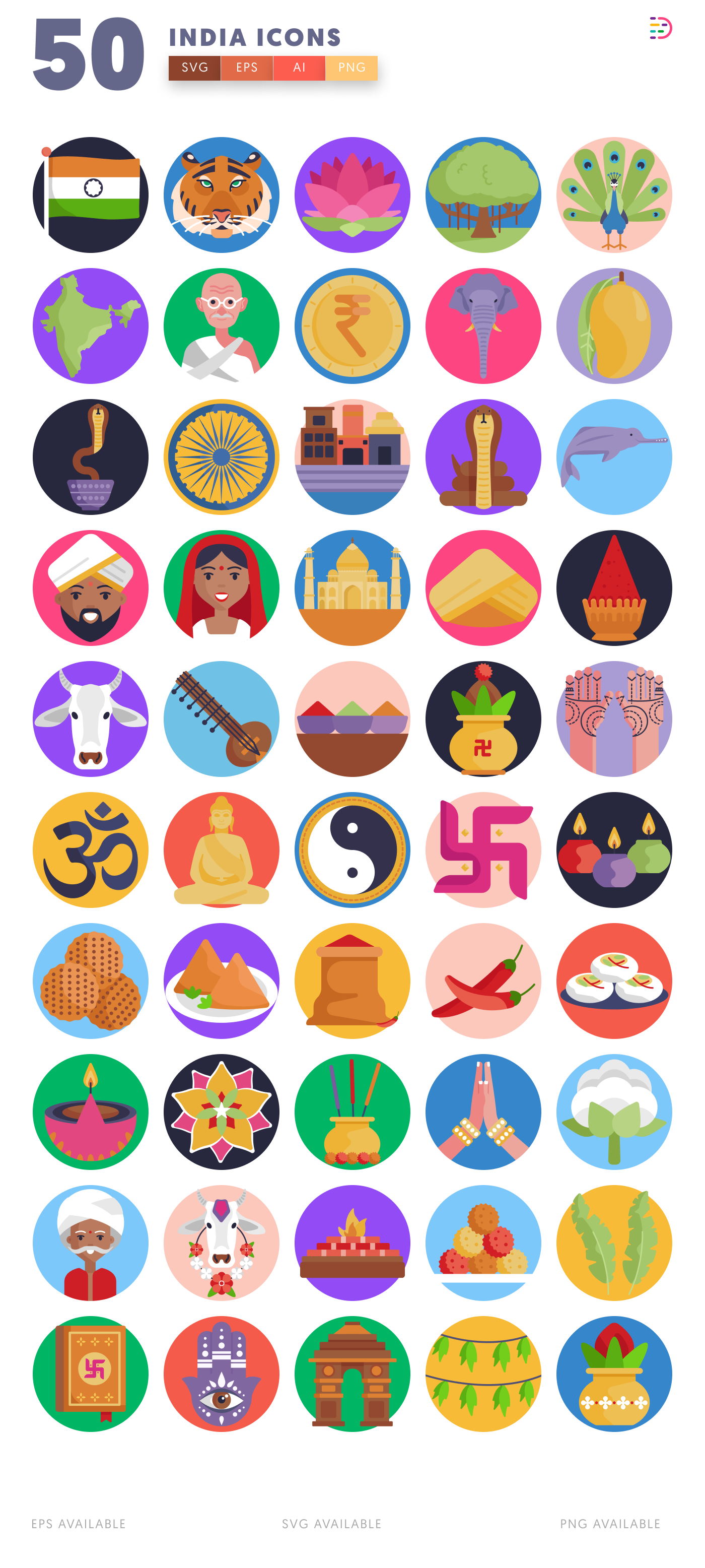 50 India Icons – set of colorful flat circle icons