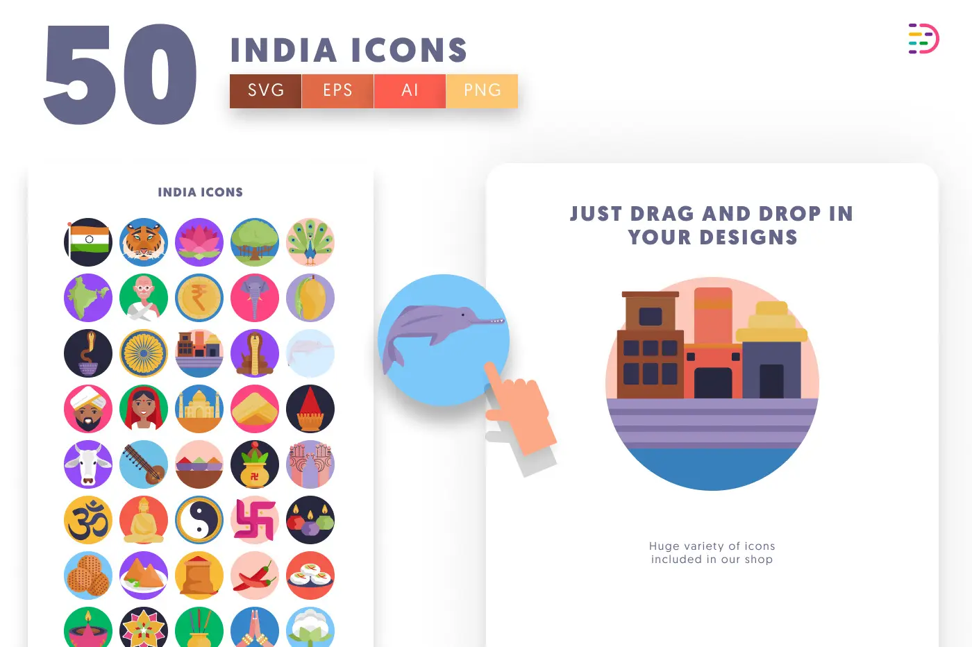 50 India Icons – set of colorful flat circle icons