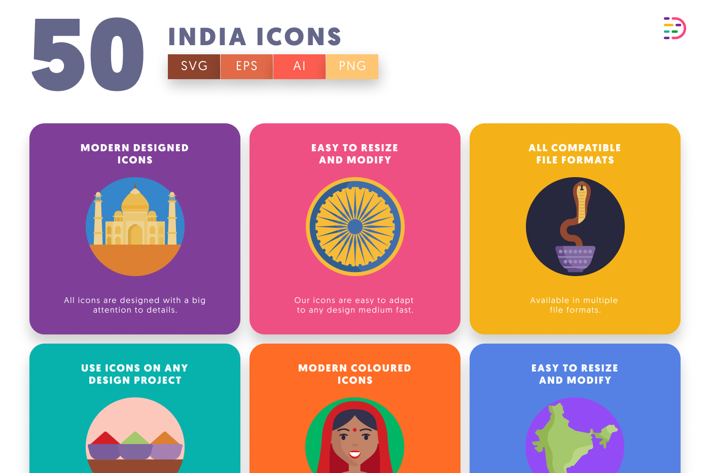 50 India Icons – set of colorful flat circle icons