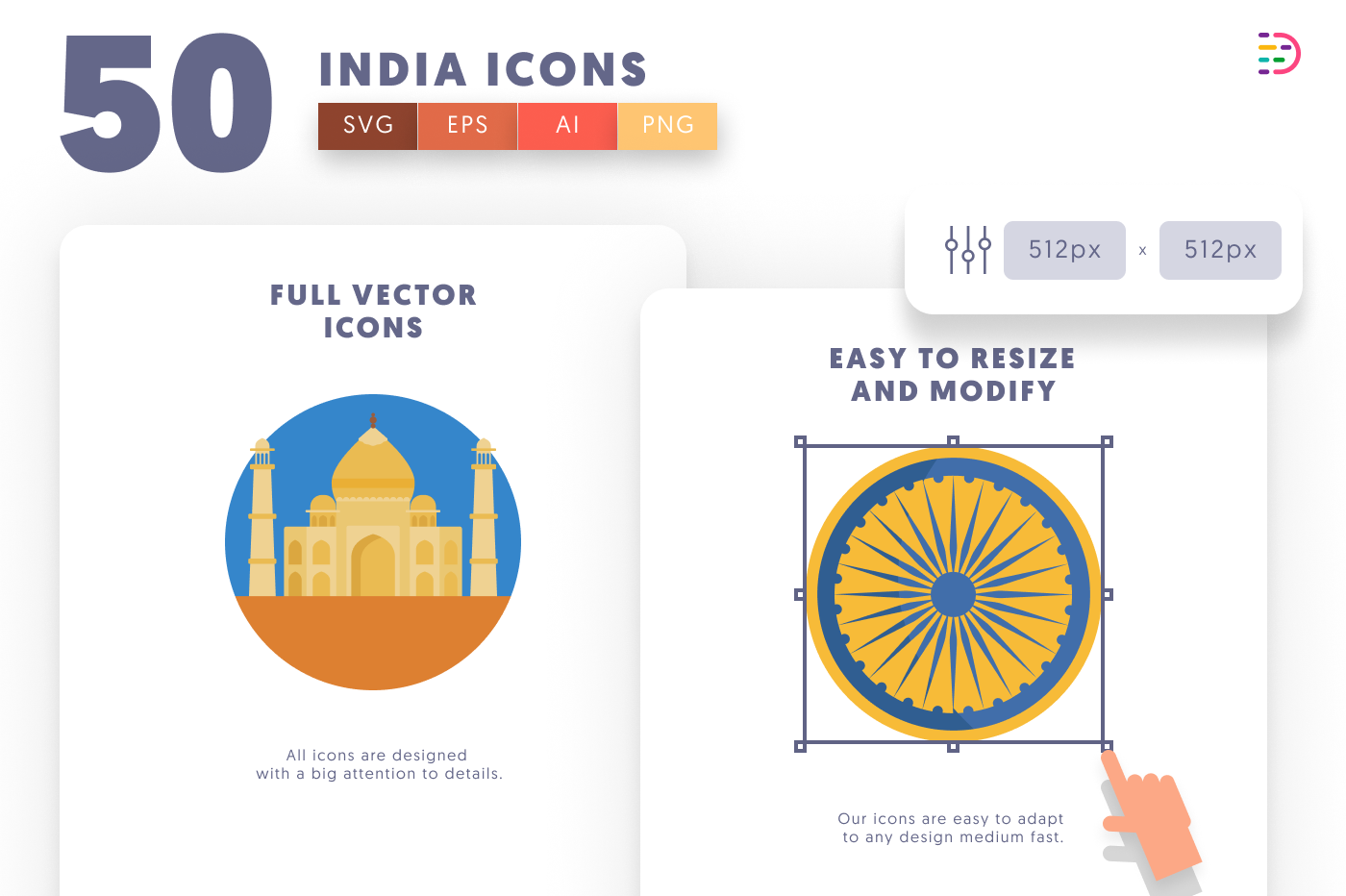 50 India Icons – set of colorful flat circle icons