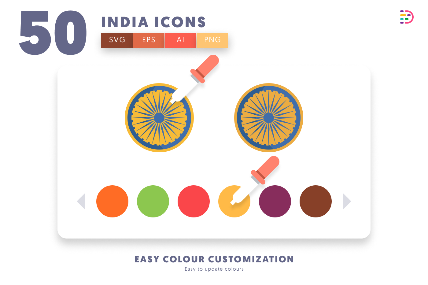 50 India Icons – set of colorful flat circle icons