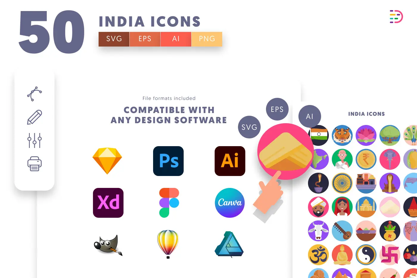 50 India Icons – set of colorful flat circle icons