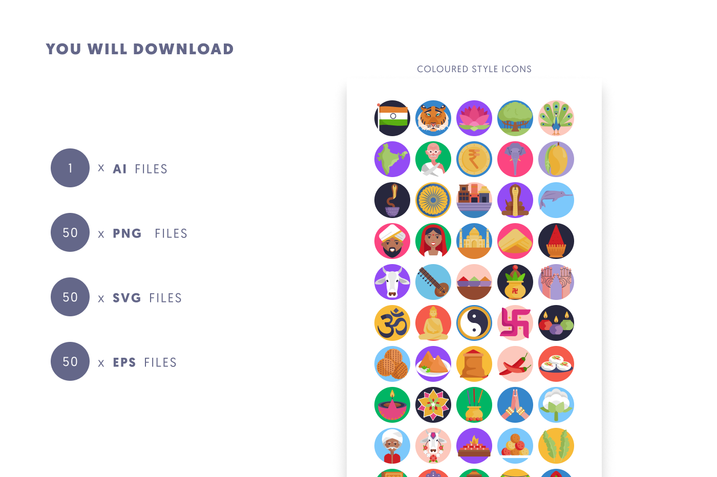 50 India Icons – set of colorful flat circle icons