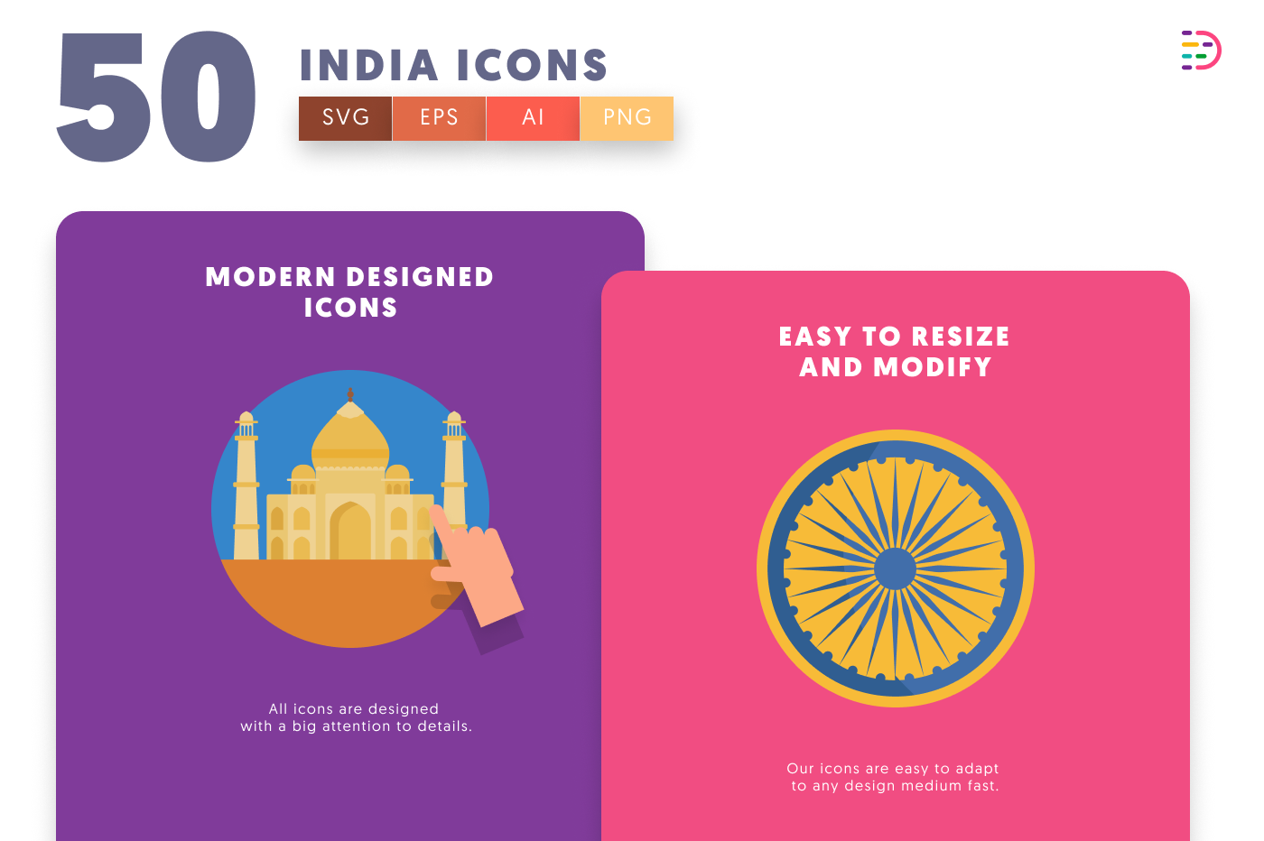 50 India Icons – set of colorful flat circle icons