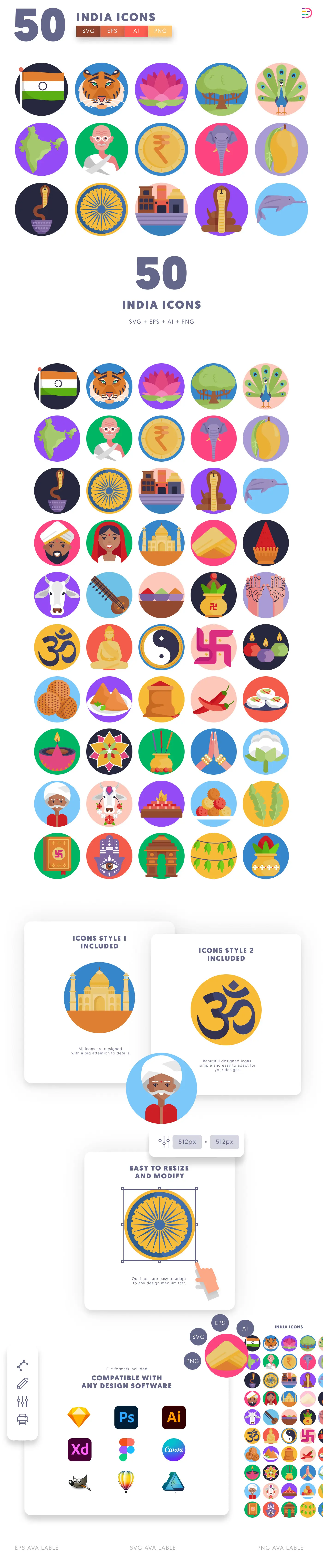 50 India Icons – set of colorful flat circle icons