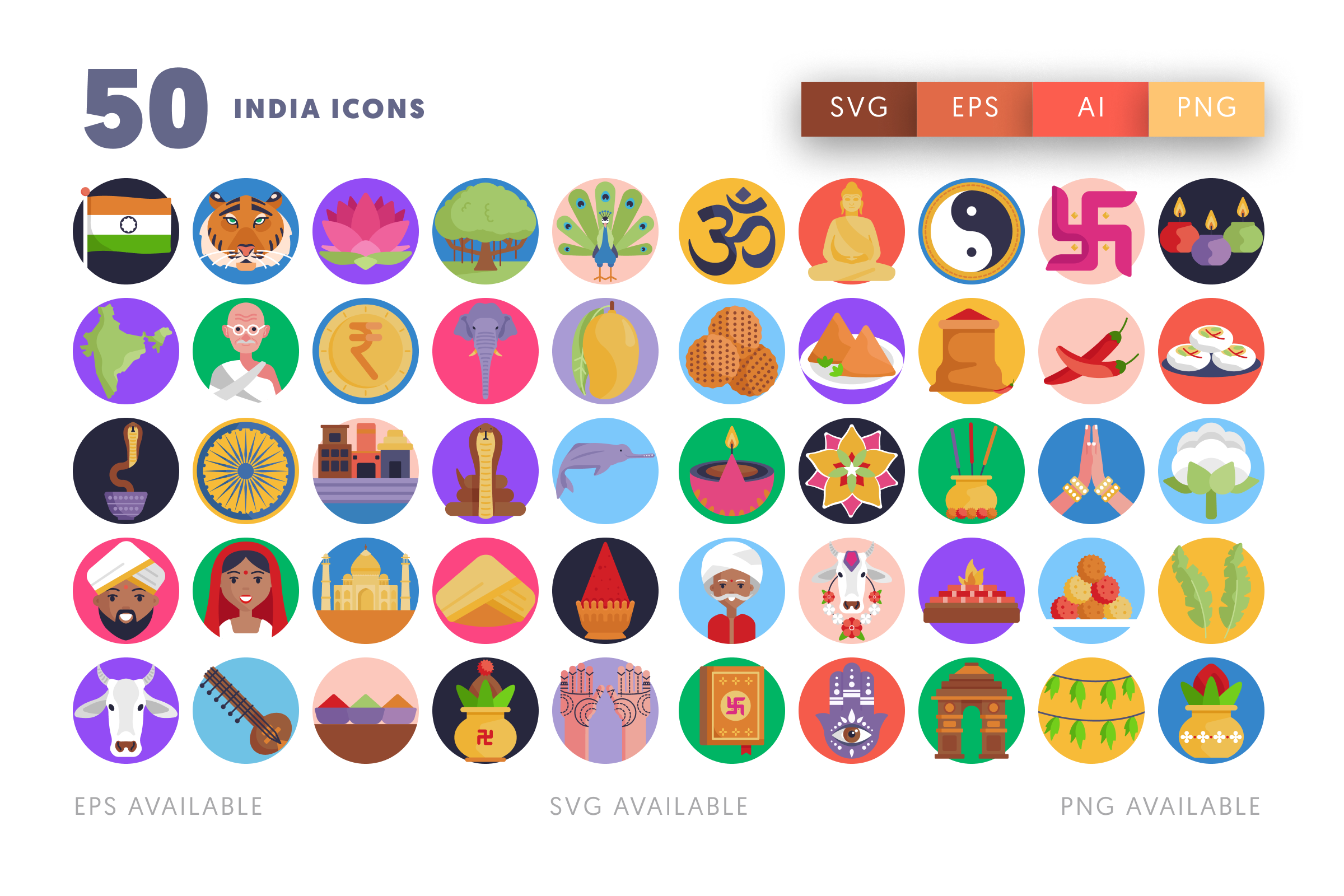 50 India Icons – flat circle icon set