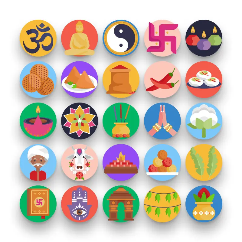 50 India Icons – set of colorful flat circle icons