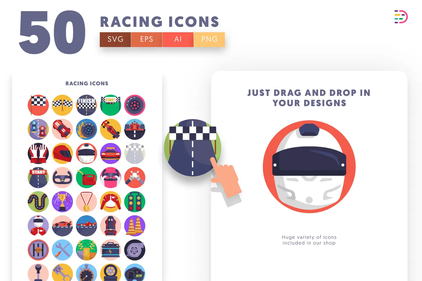 50 Racing Icons preview 1 – flat circle icons in PNG, SVG and EPS