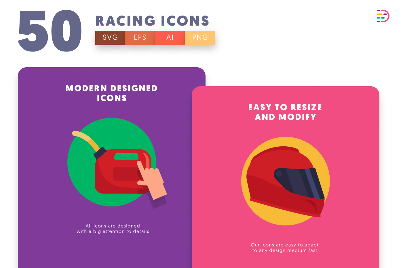 50 Racing Icons cover – flat circle icons in PNG, SVG and EPS