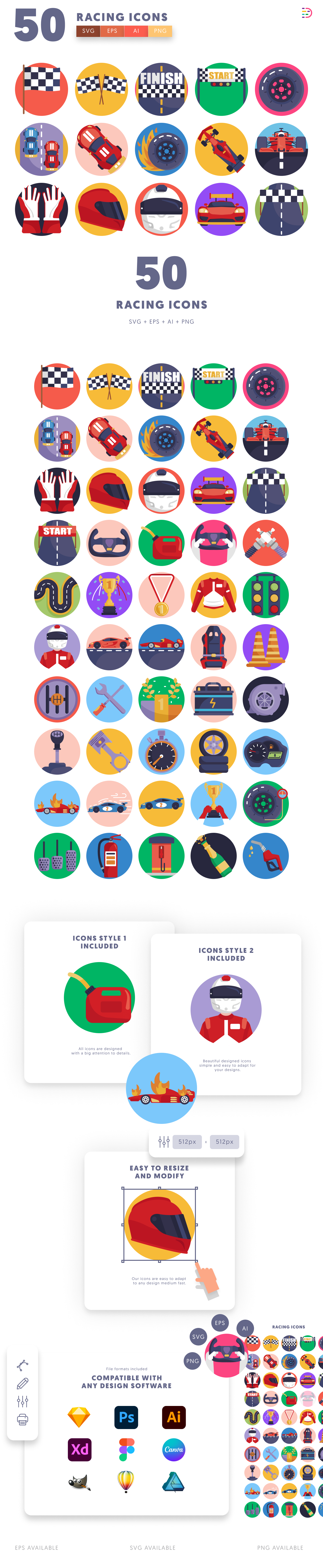 50 Racing Icons cover – flat circle icons in PNG, SVG and EPS