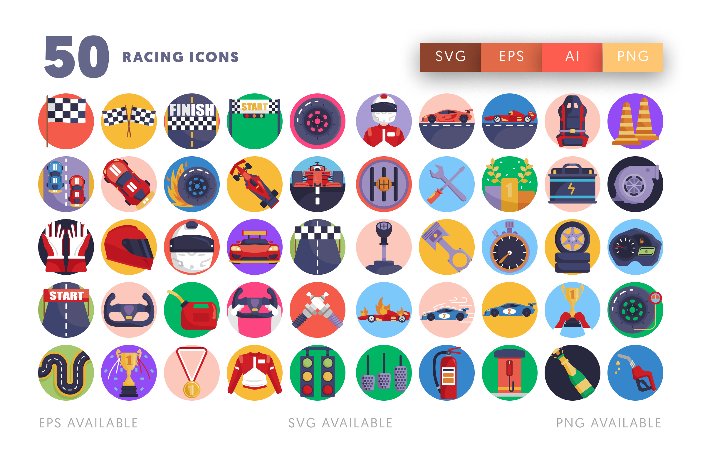 50 Racing Icons – flat circle icon set
