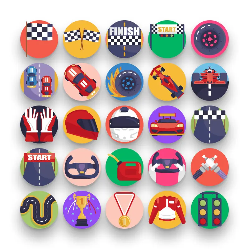 50 Racing Icons – set of colorful flat circle icons