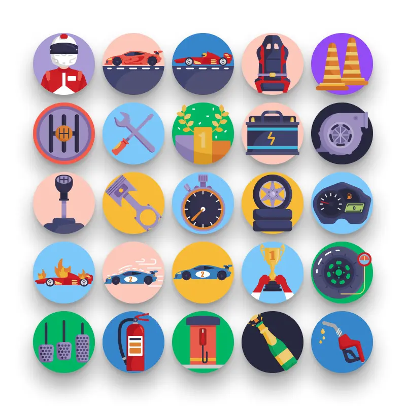 50 Racing Icons – set of colorful flat circle icons