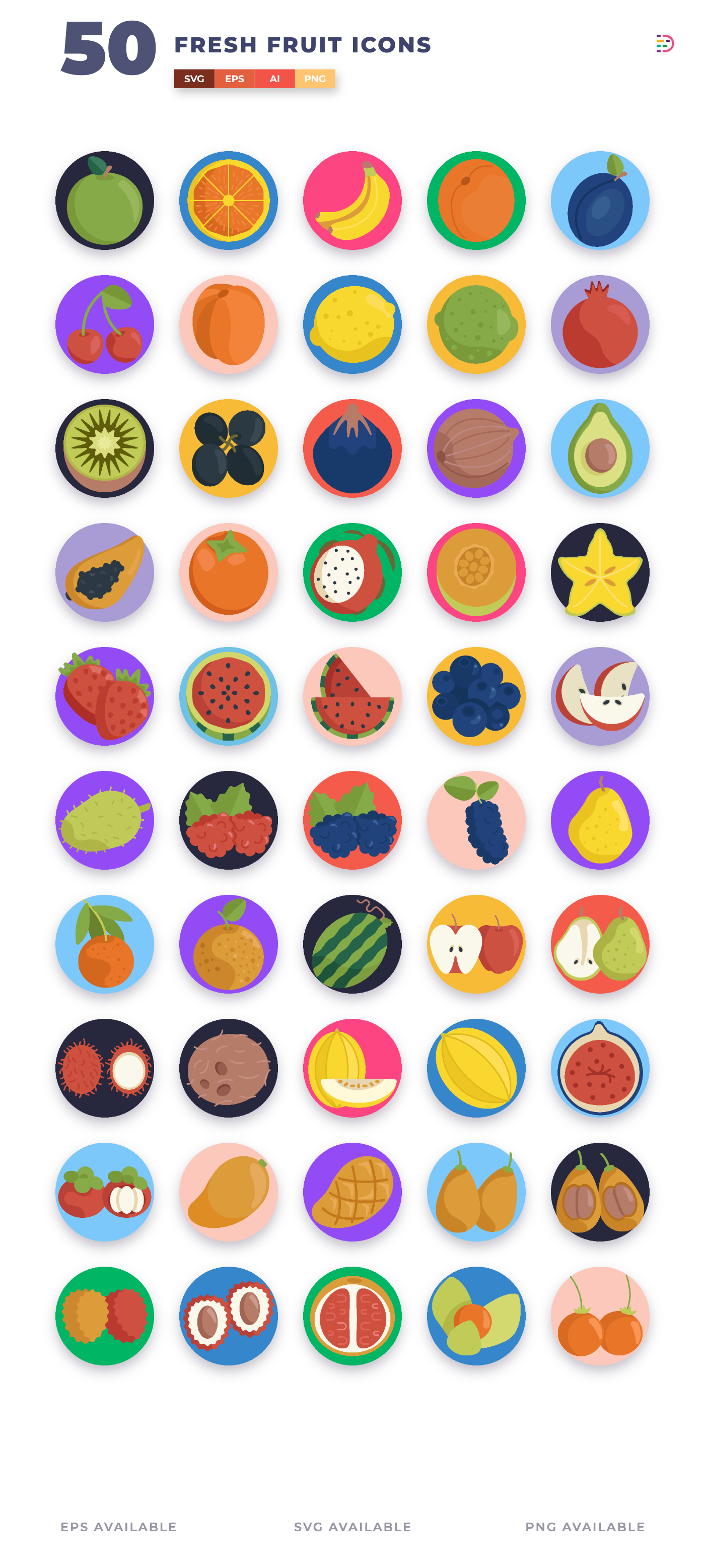 50 Fresh Fruit Icons – set of colorful flat circle fruit icons