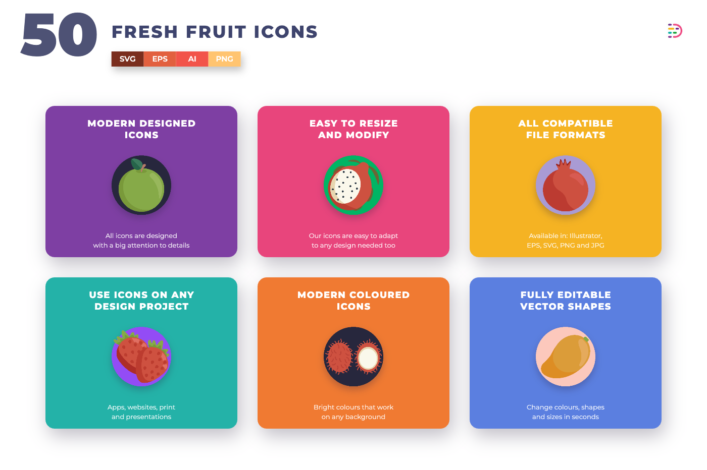 50 Fresh Fruit Icons – set of colorful flat circle fruit icons