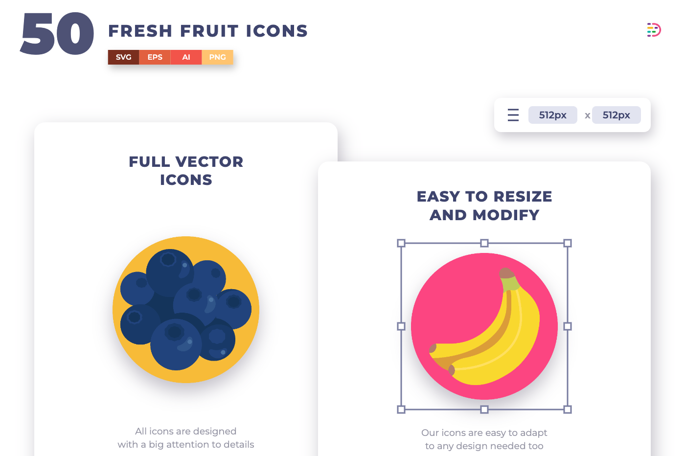 50 Fresh Fruit Icons – set of colorful flat circle fruit icons
