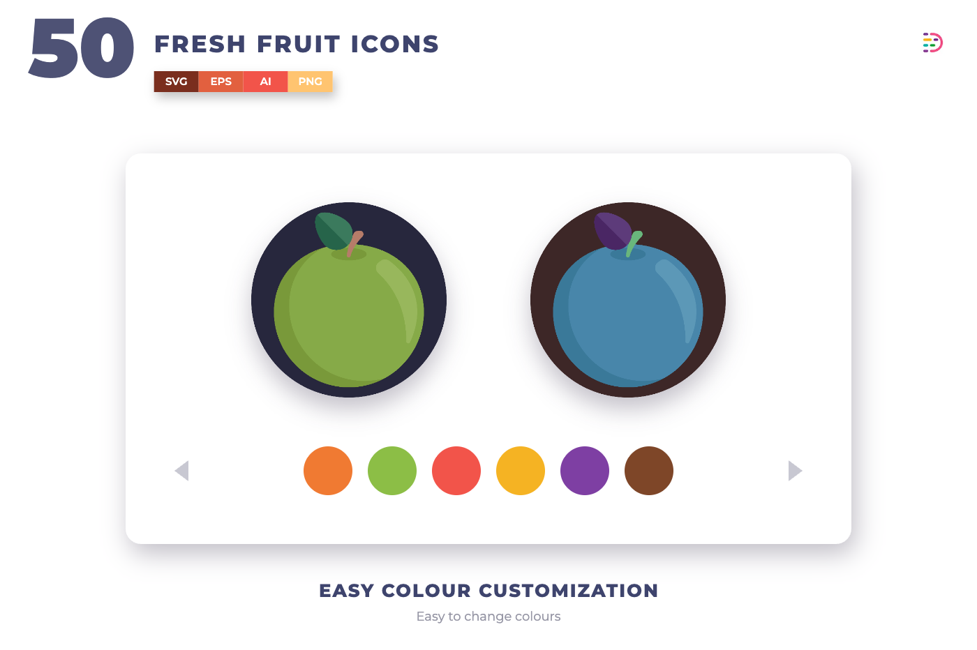 50 Fresh Fruit Icons – set of colorful flat circle fruit icons