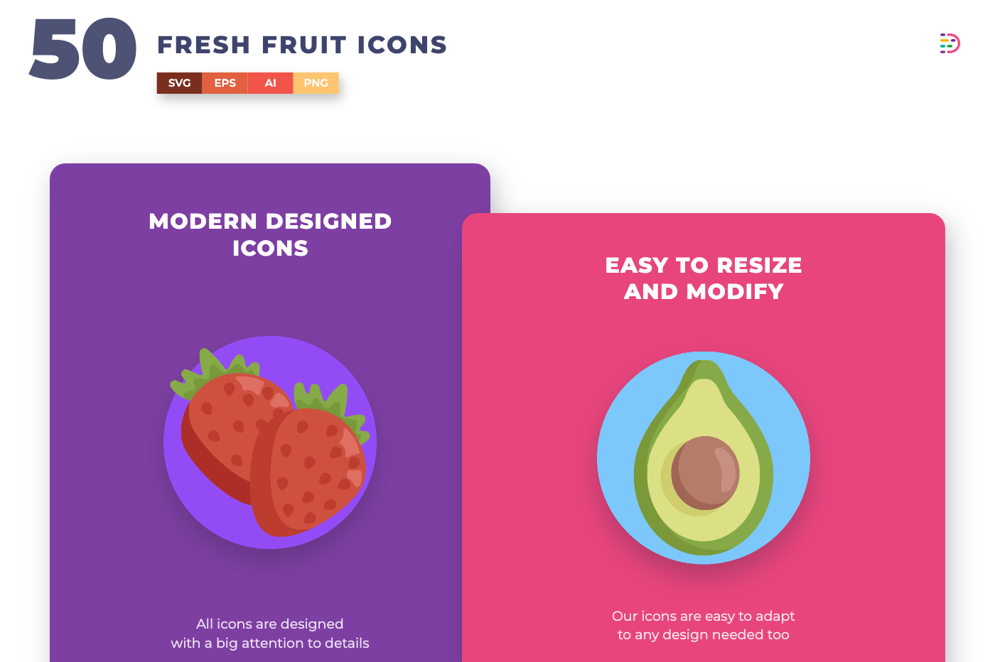 50 Fresh Fruit Icons – set of colorful flat circle fruit icons