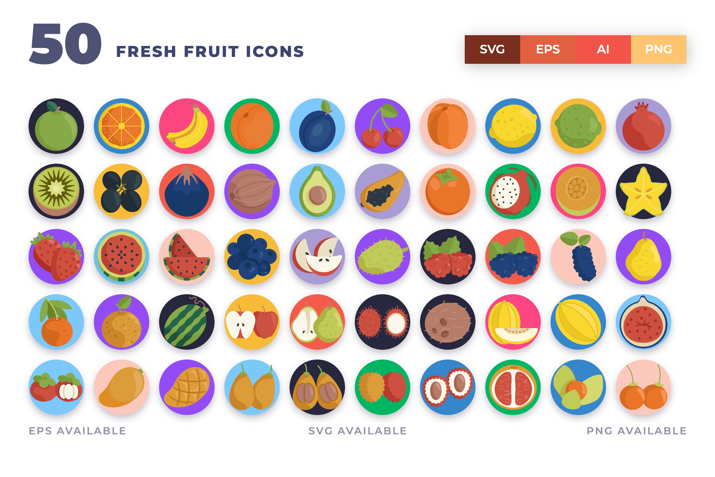 50 Fresh Fruit Icons – set of colorful flat circle fruit icons