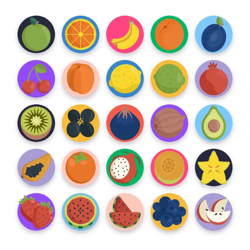 50 Fresh Fruit _ Shop 2 50 Fresh Fruit Icons – set of colorful flat circle fruit icons