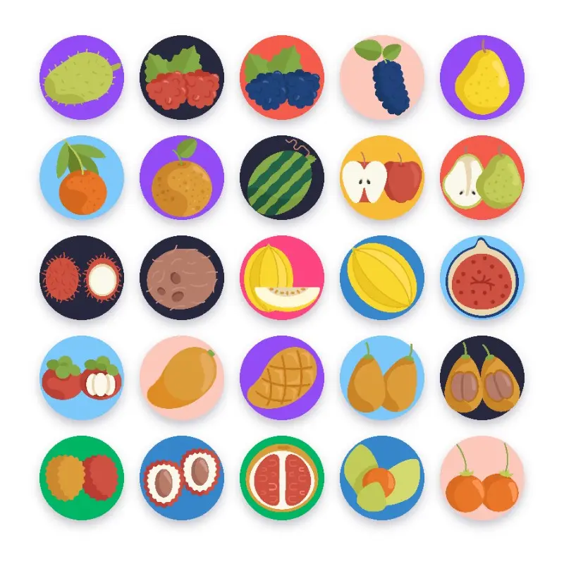 50 Fresh Fruit _ Shop 50 Fresh Fruit Icons – set of colorful flat circle fruit icons