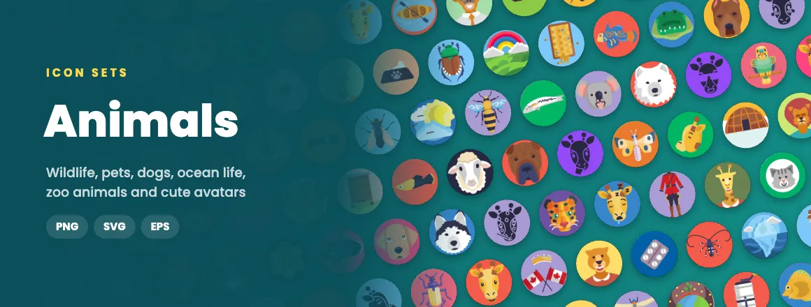 Animals icon sets: wildlife, pets, dogs, ocean life, zoo animals and cute avatars in PNG, SVG and EPS