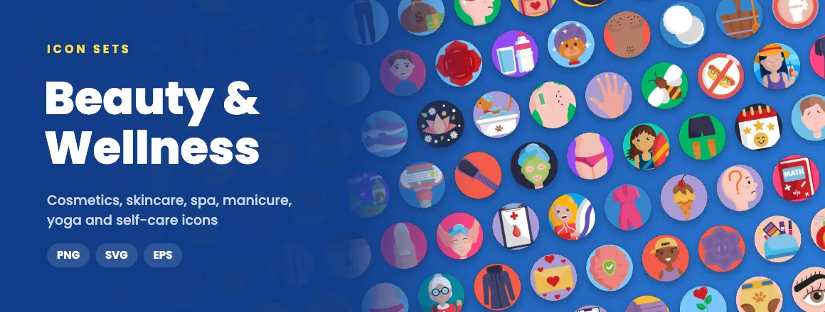 Beauty & Wellness icon sets: cosmetics, skincare, spa, manicure, yoga and self-care icons in PNG, SVG and EPS