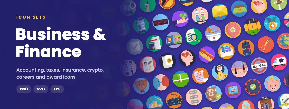 Business & Finance icon sets: accounting, taxes, insurance, crypto, careers and award icons in PNG, SVG and EPS