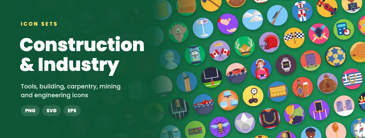Construction & Industry icon sets: tools, building, carpentry, mining and engineering icons in PNG, SVG and EPS