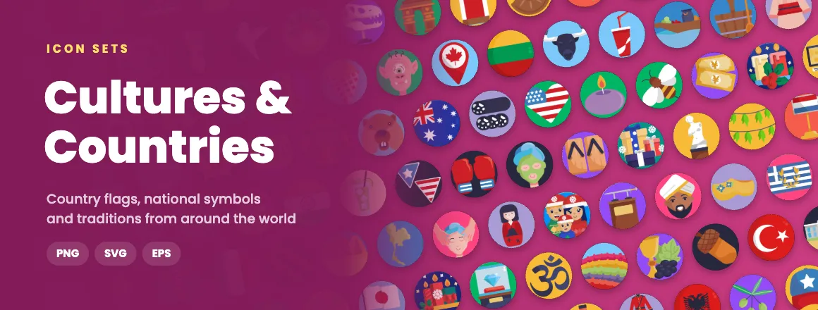 Cultures & Countries icon sets: country flags, national symbols and traditions from around the world in PNG, SVG and EPS