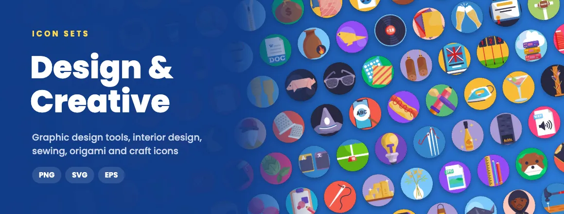 Design & Creative icon sets: graphic design tools, interior design, sewing, origami and craft icons in PNG, SVG and EPS