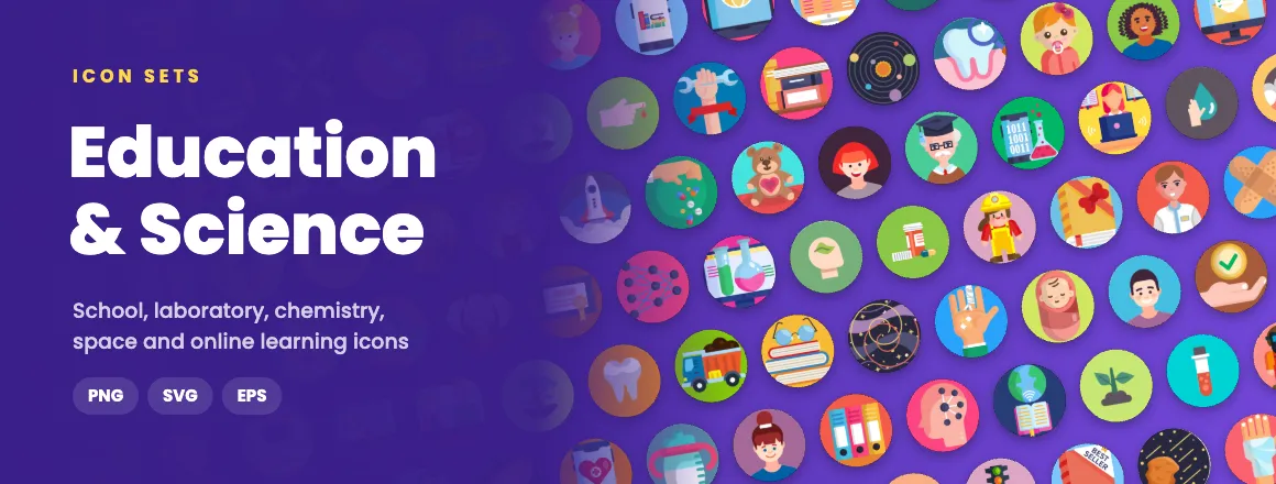 Education & Science icon sets: school, laboratory, chemistry, space and online learning icons in PNG, SVG and EPS