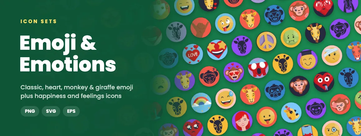 Emoji & Emotions icon sets: classic, heart, monkey & giraffe emoji plus happiness and feelings icons in PNG, SVG and EPS