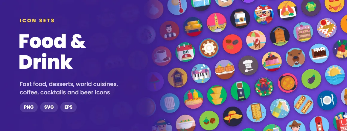 Food & Drink icon sets: fast food, desserts, world cuisines, coffee, cocktails and beer icons in PNG, SVG and EPS