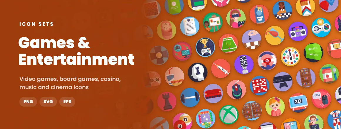 Games & Entertainment icon sets: video games, board games, casino, music and cinema icons in PNG, SVG and EPS