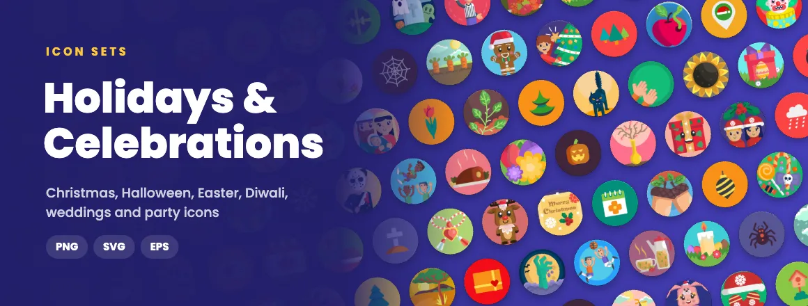 Holidays & Celebrations icon sets: Christmas, Halloween, Easter, Diwali, weddings and party icons in PNG, SVG and EPS