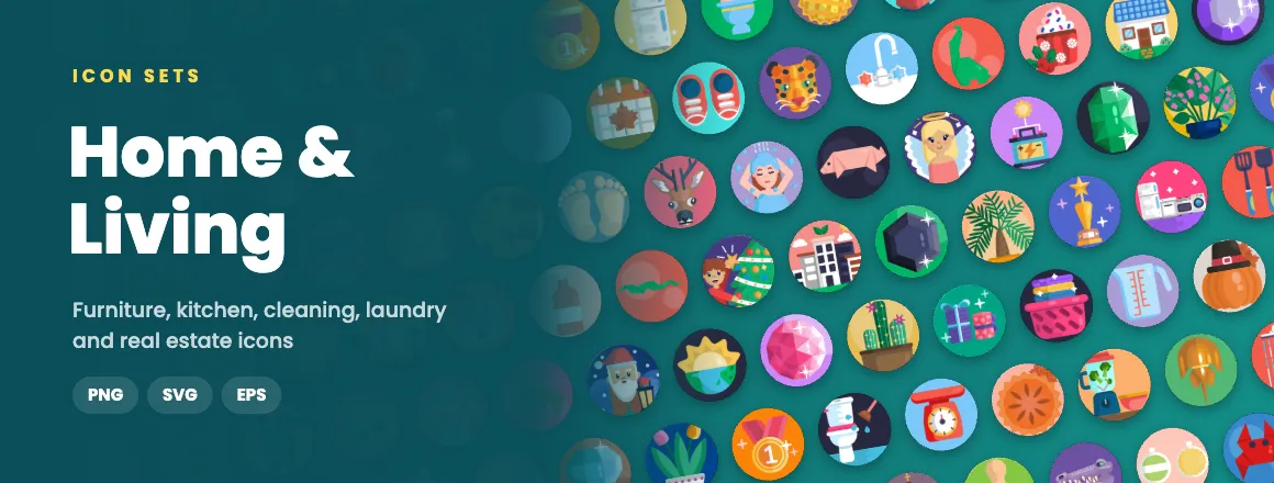 Home & Living icon sets: furniture, kitchen, cleaning, laundry and real estate icons in PNG, SVG and EPS