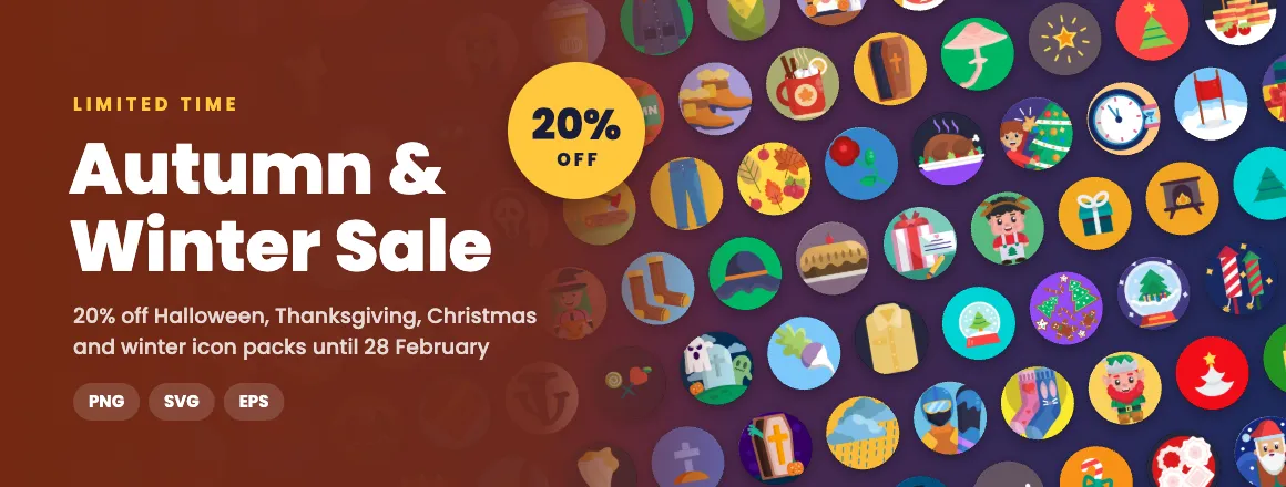Autumn and winter icon sale: 20% off Halloween, Thanksgiving, Christmas and winter icon packs in PNG, SVG and EPS