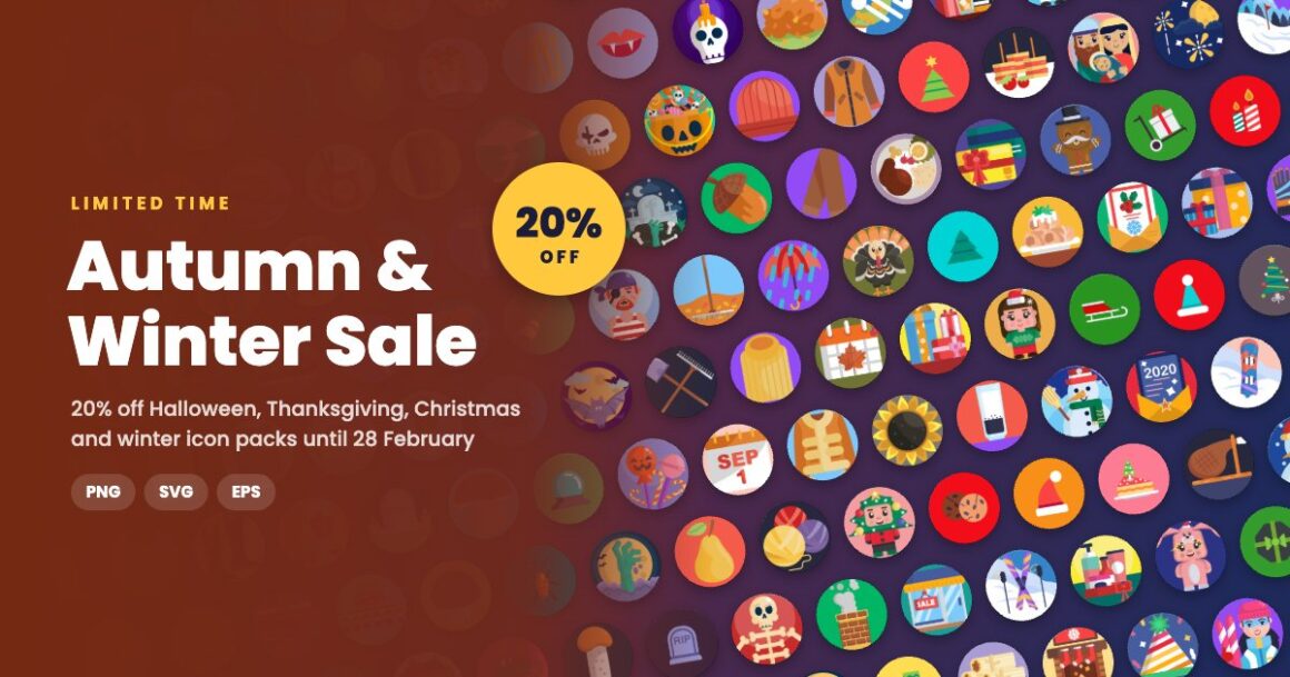 Autumn and winter icon sale: 20% off Halloween, Thanksgiving, Christmas and winter icon packs in PNG, SVG and EPS