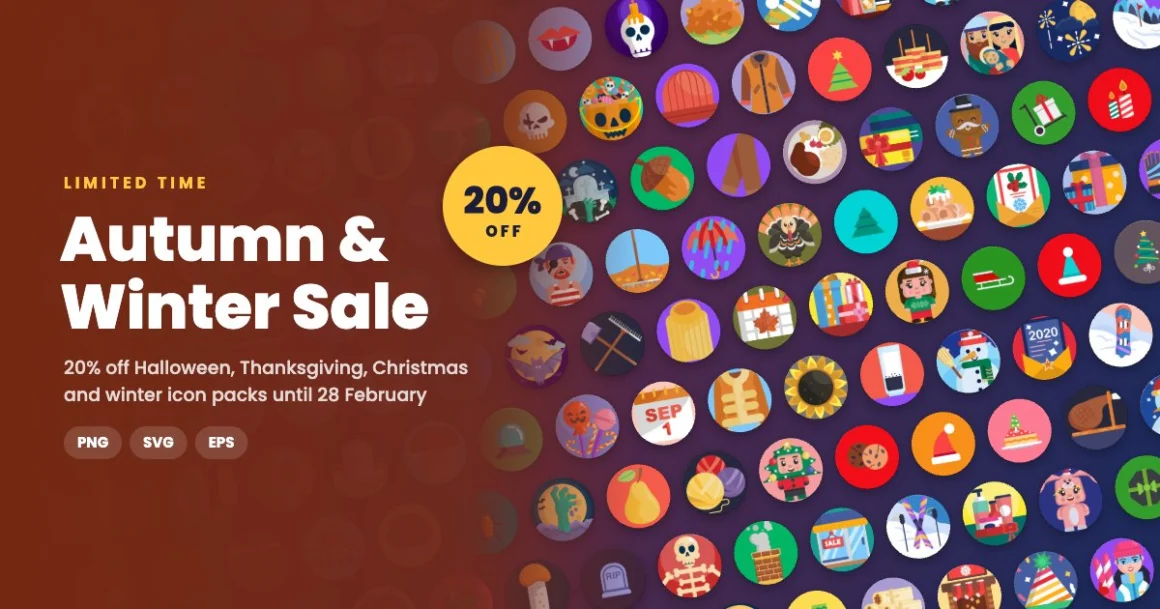 Autumn and winter icon sale: 20% off Halloween, Thanksgiving, Christmas and winter icon packs in PNG, SVG and EPS