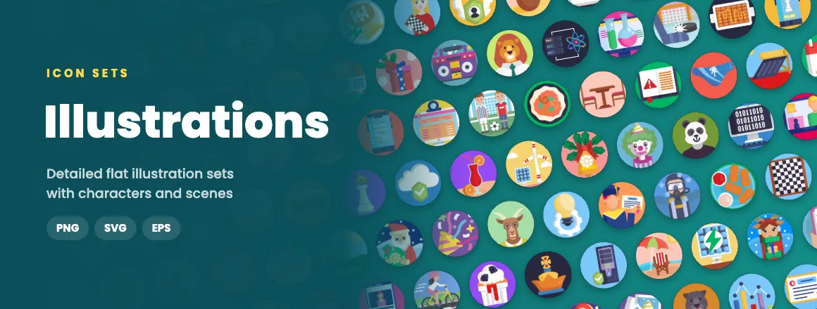Illustrations icon sets: detailed flat illustration sets with characters and scenes in PNG, SVG and EPS