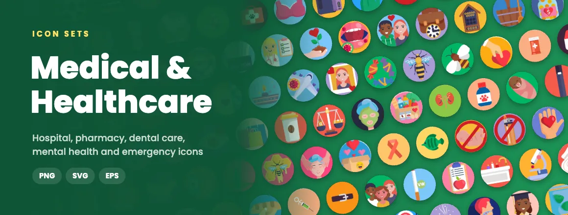Medical & Healthcare icon sets: hospital, pharmacy, dental care, mental health and emergency icons in PNG, SVG and EPS