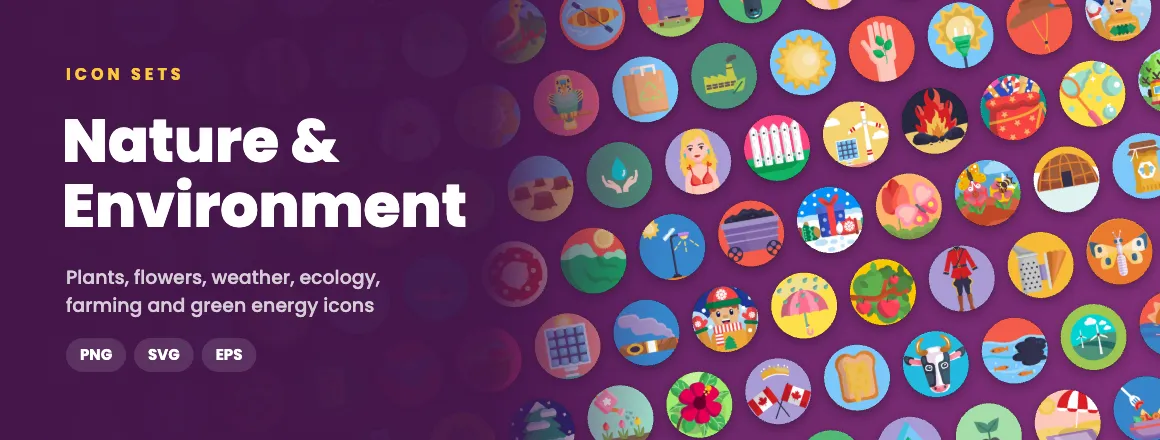 Nature & Environment icon sets: plants, flowers, weather, ecology, farming and green energy icons in PNG, SVG and EPS